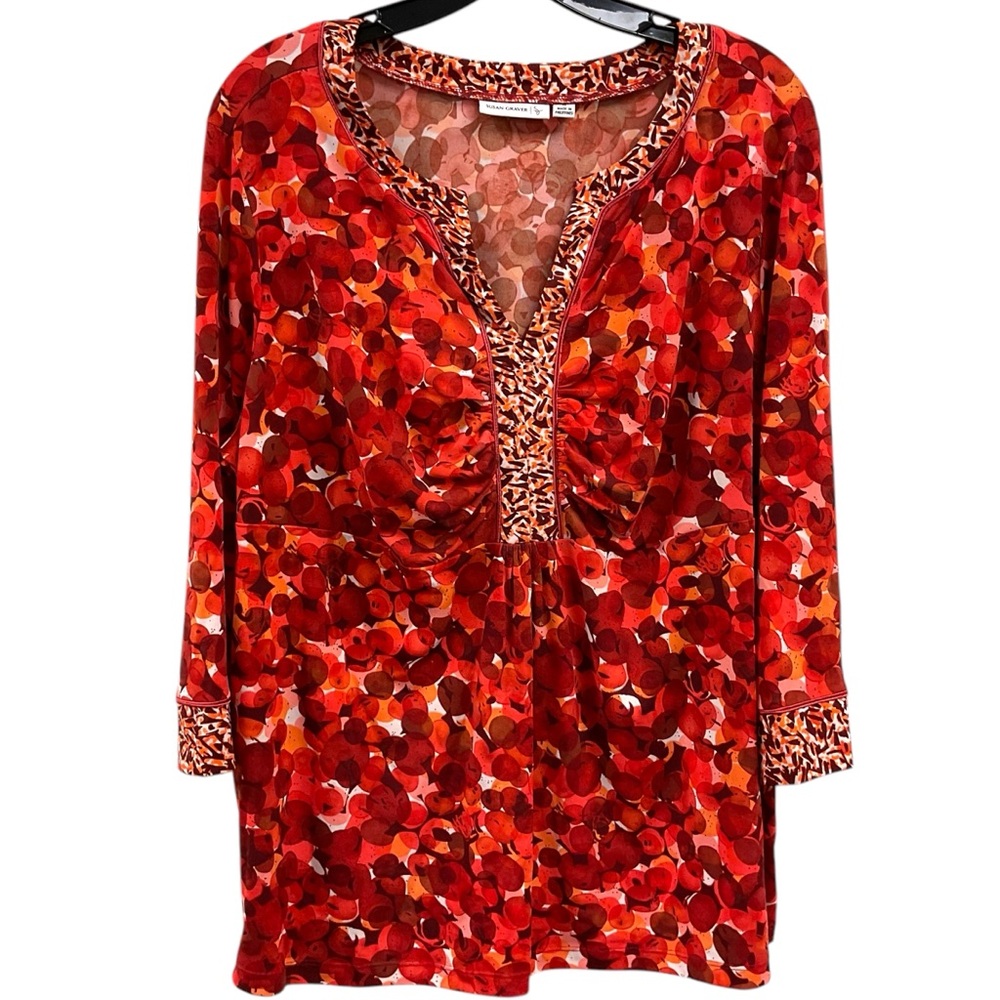 Susan Graver‎ Artisan Women's  Plus Size 1X Red Orange V-neck Blouse Tunic Shirt